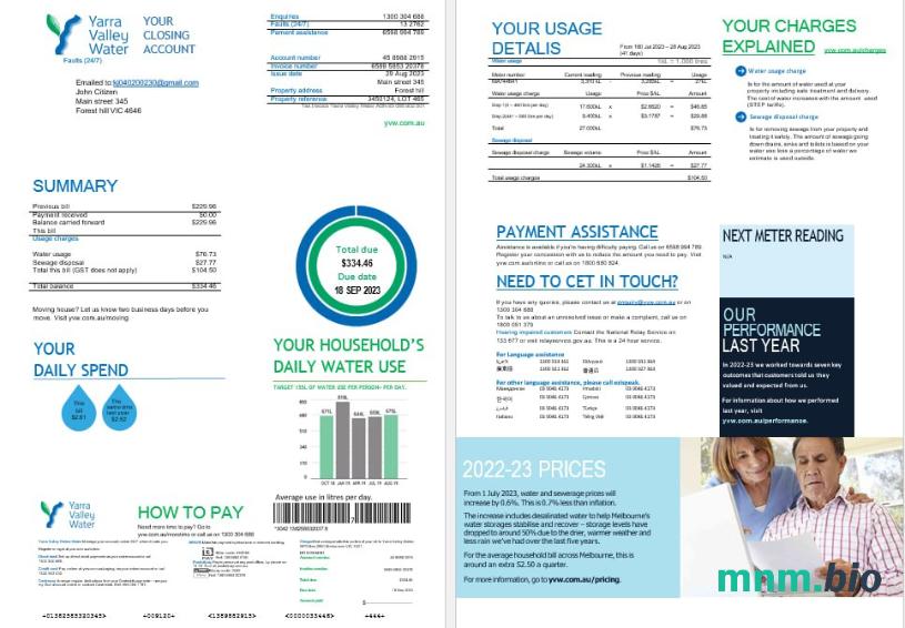 Melbourne Yarra Valley woda woda rachunek za media Word i PDF formaty, 2 strony